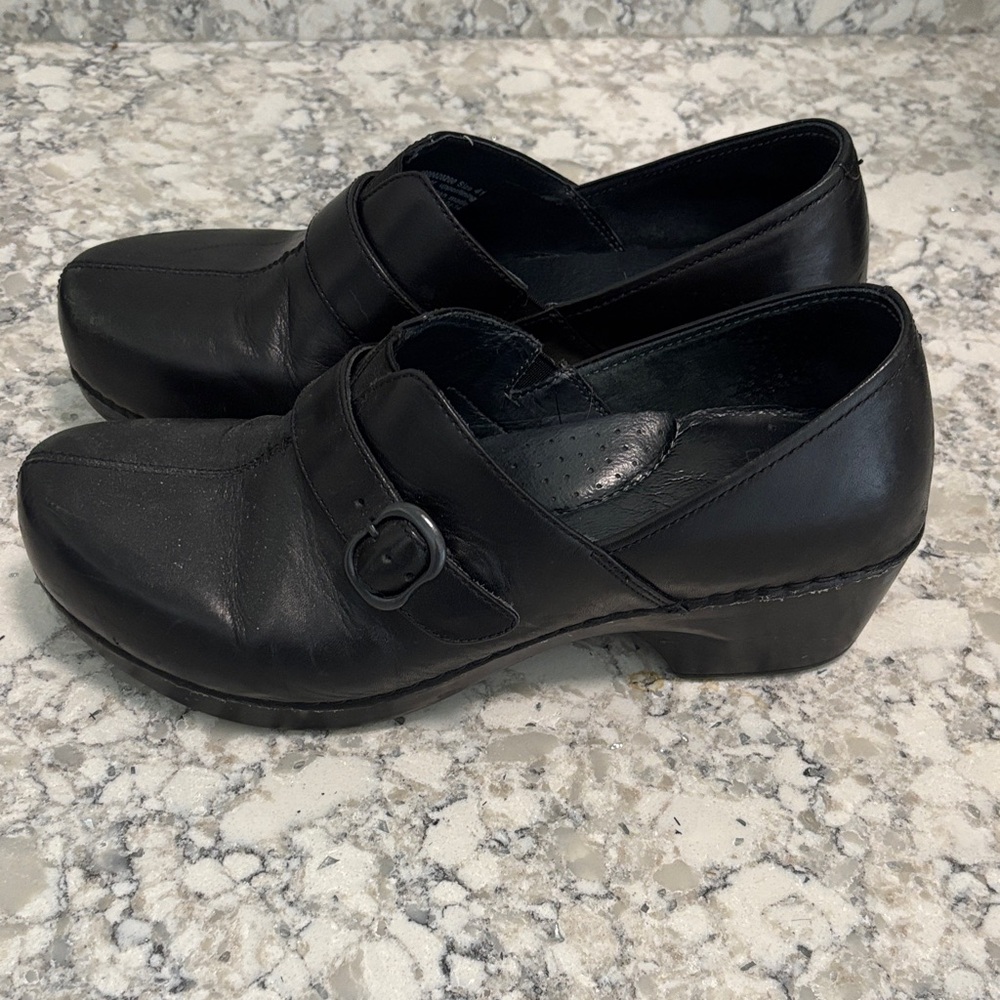 Dansko Black Leather Mules with Buckle